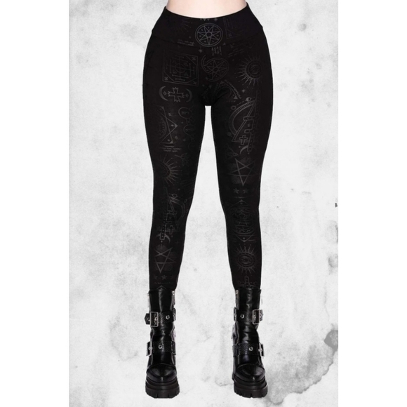 Killstar Telepathic Leggings ✦ Black-on-Black Statement Print ✦ Cotton Stretch - Picture 1 of 6